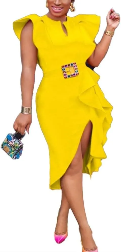 2025 Women's Elegant Formal Evening Gown Chic Ruffle Trim Cap Sleeves Bodycon Irregular Slit Hem Party Cocktail Dress