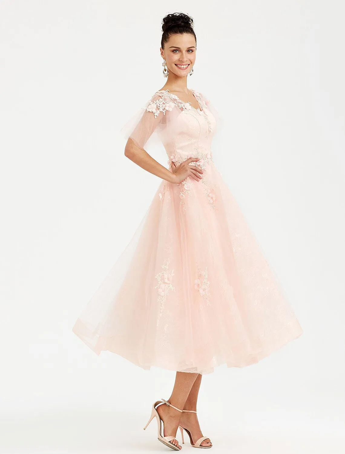 A-Line Prom Dresses Elegant Dress Wedding Short Sleeve V Neck Tulle with Appliques
