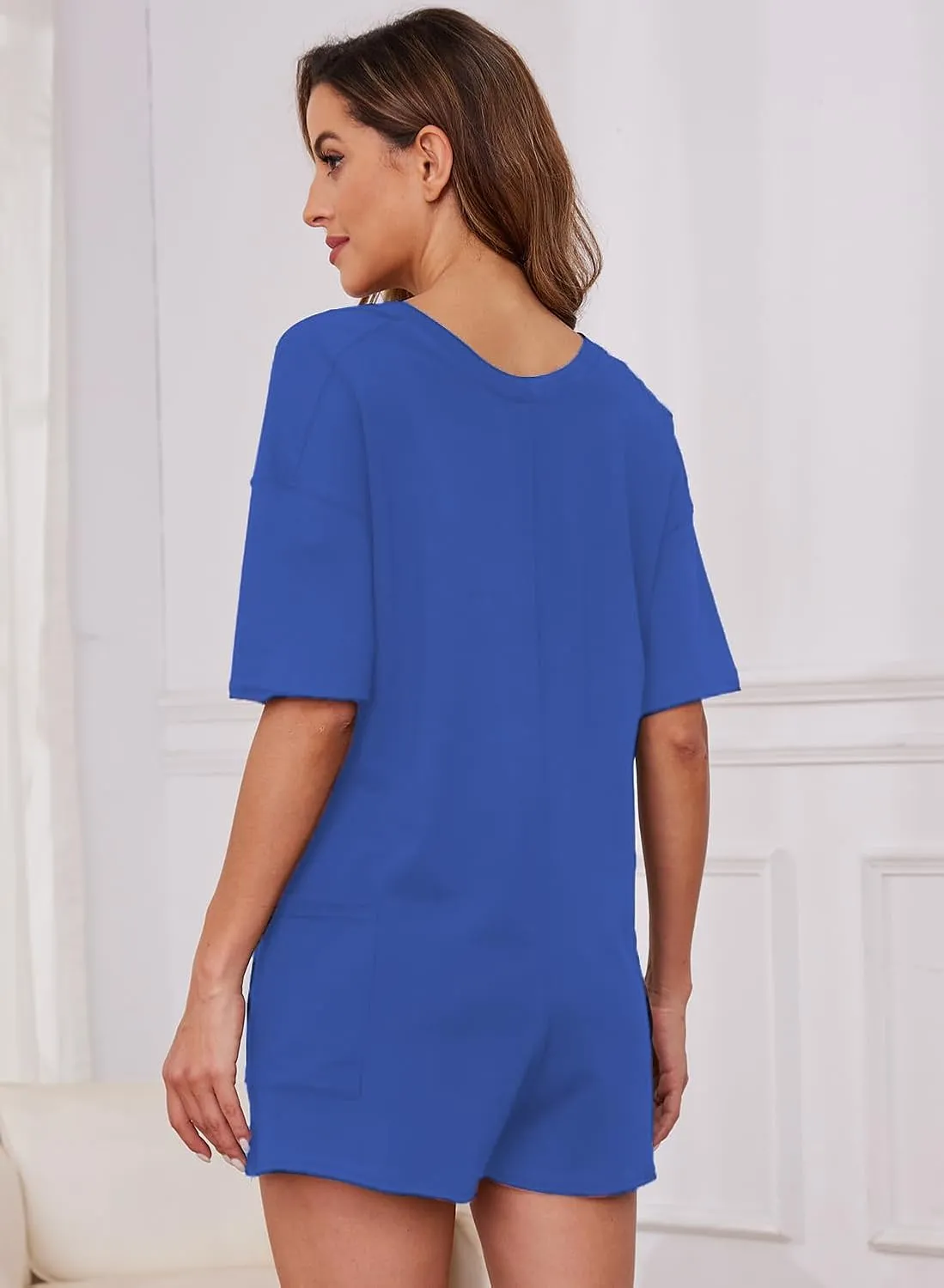 Ahtyeo Rompers for Women Casual Summer Short Sleeve Athletic Jumpsuits Oversized Back V Neck Onesie Tee Romper with Pockets