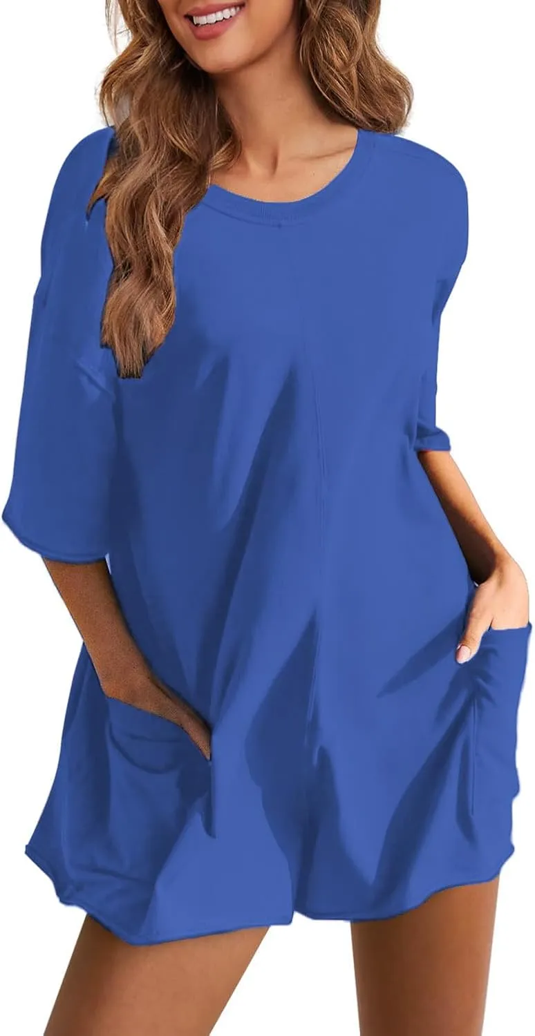 Ahtyeo Rompers for Women Casual Summer Short Sleeve Athletic Jumpsuits Oversized Back V Neck Onesie Tee Romper with Pockets