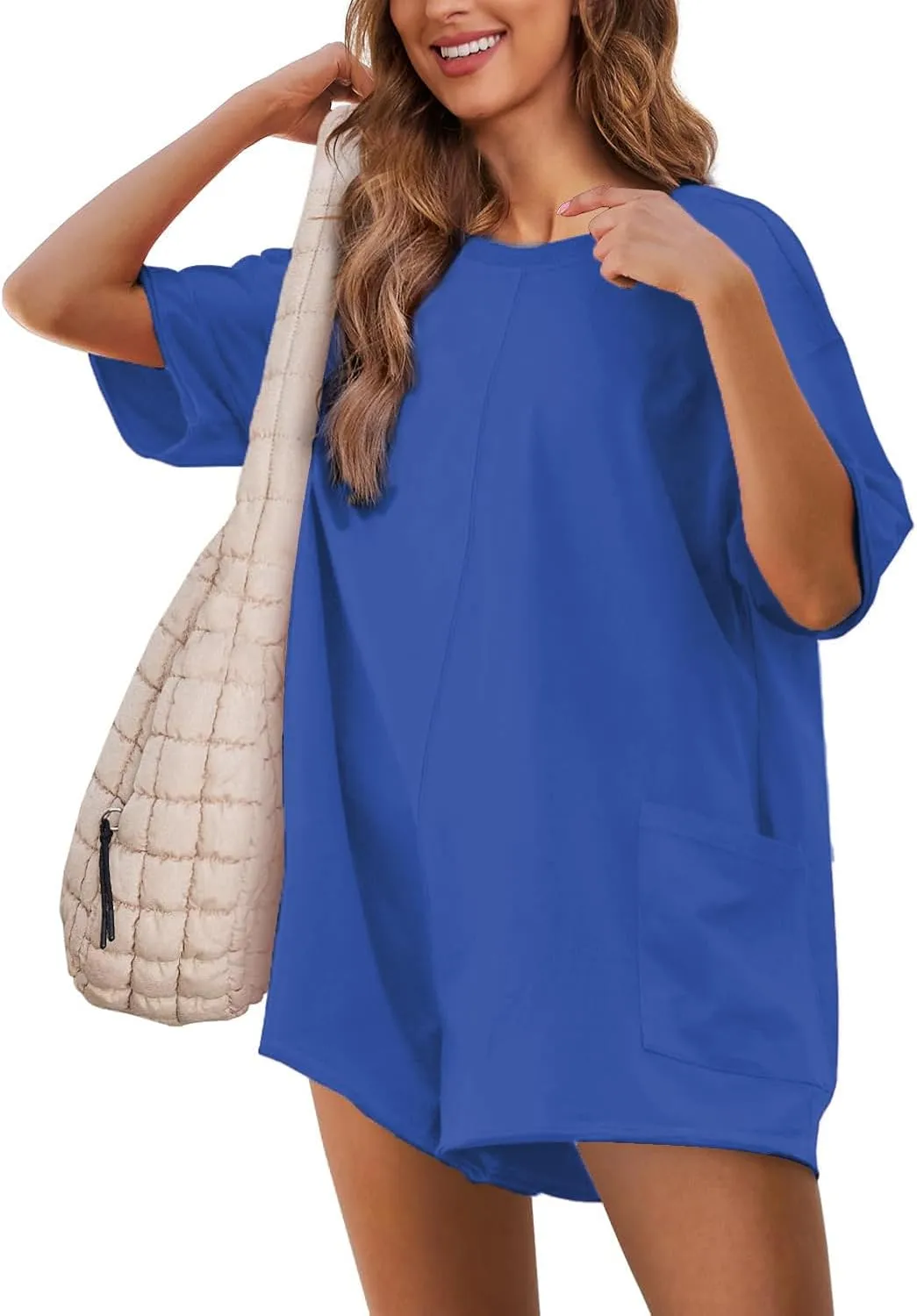 Ahtyeo Rompers for Women Casual Summer Short Sleeve Athletic Jumpsuits Oversized Back V Neck Onesie Tee Romper with Pockets