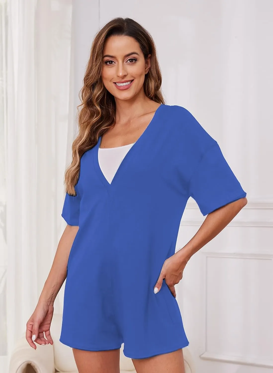 Ahtyeo Rompers for Women Casual Summer Short Sleeve Athletic Jumpsuits Oversized Back V Neck Onesie Tee Romper with Pockets