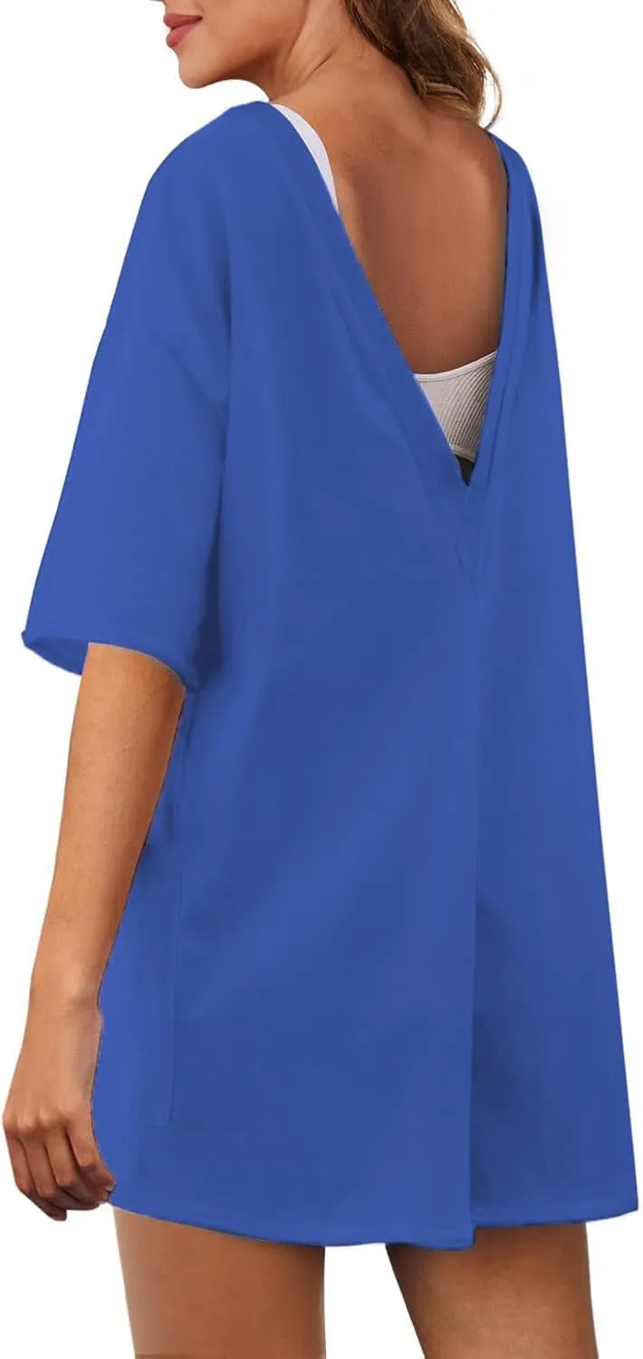 Ahtyeo Rompers for Women Casual Summer Short Sleeve Athletic Jumpsuits Oversized Back V Neck Onesie Tee Romper with Pockets