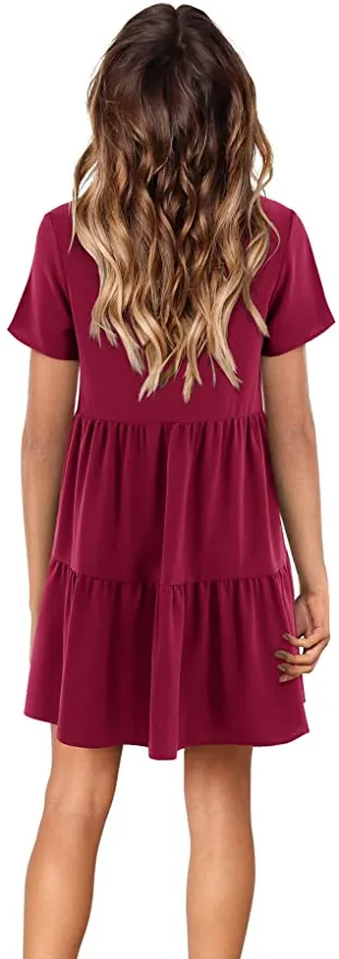 Burgundy Short Sleeve Women Summer Tunic Dress V Neck Casual Loose Flowy Swing Shift Dresses - Amoretu