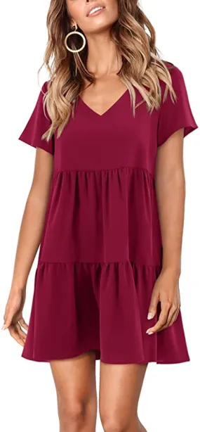 Burgundy Short Sleeve Women Summer Tunic Dress V Neck Casual Loose Flowy Swing Shift Dresses - Amoretu