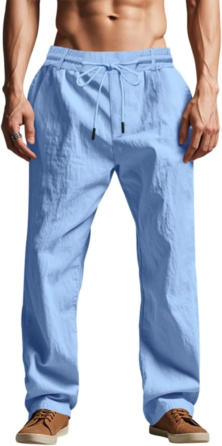 Cambkatl Linen Pants for Men Casual Elastic Waist Drawstring Lightweight Loose Ventilate Summer Straight Beach Trousers