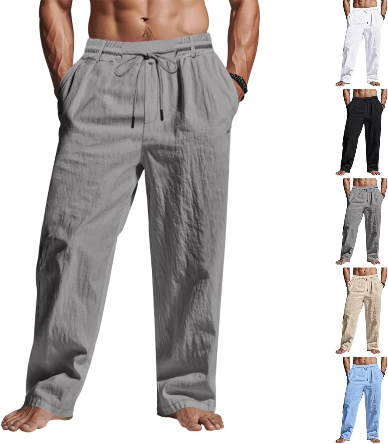 Cambkatl Linen Pants for Men Casual Elastic Waist Drawstring Lightweight Loose Ventilate Summer Straight Beach Trousers