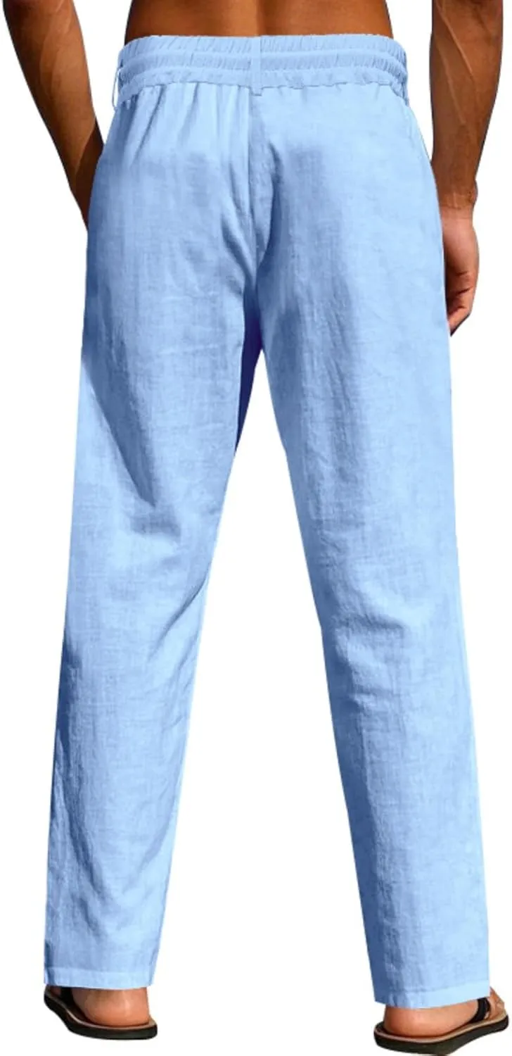Cambkatl Linen Pants for Men Casual Elastic Waist Drawstring Lightweight Loose Ventilate Summer Straight Beach Trousers