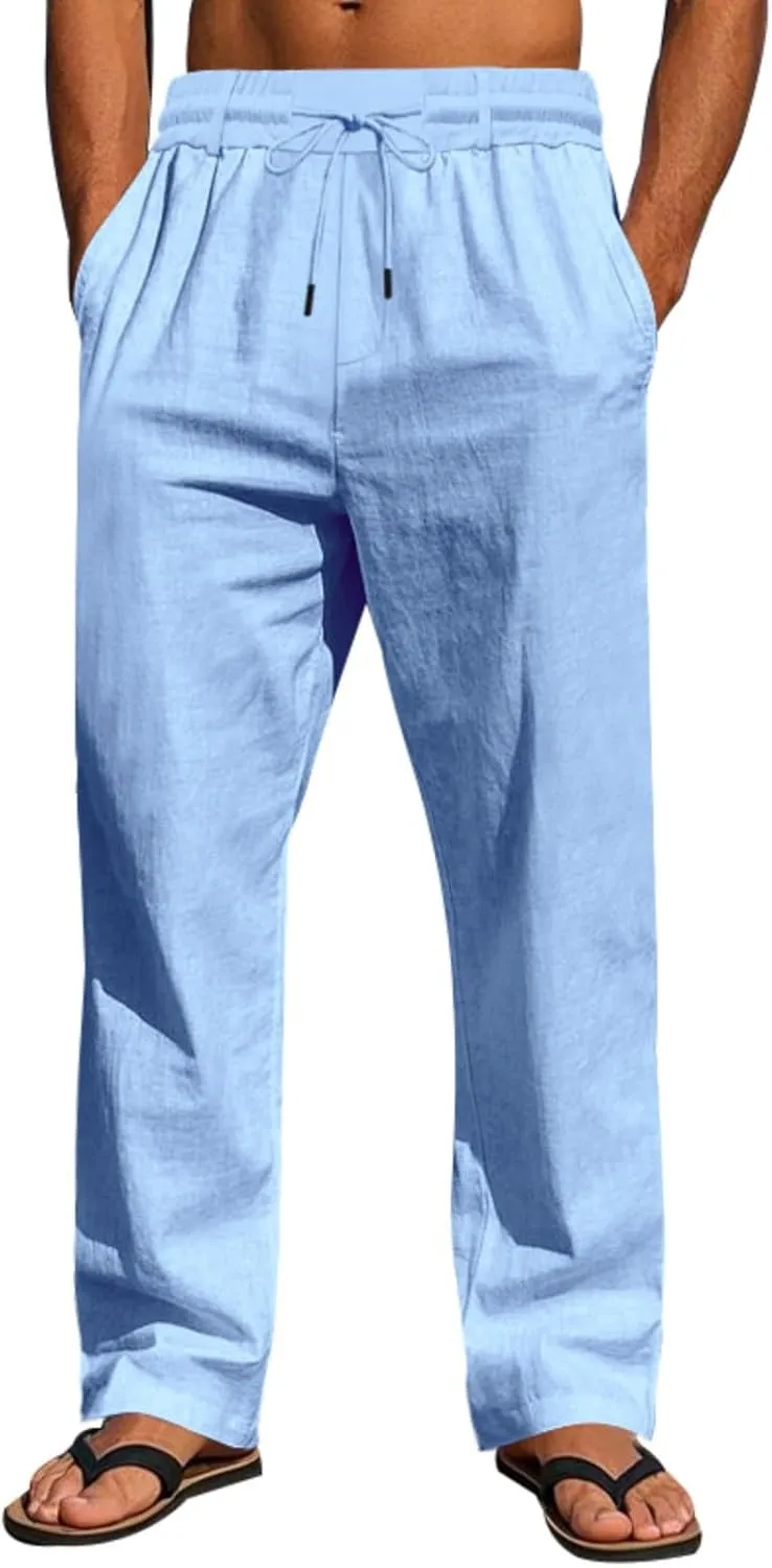 Cambkatl Linen Pants for Men Casual Elastic Waist Drawstring Lightweight Loose Ventilate Summer Straight Beach Trousers