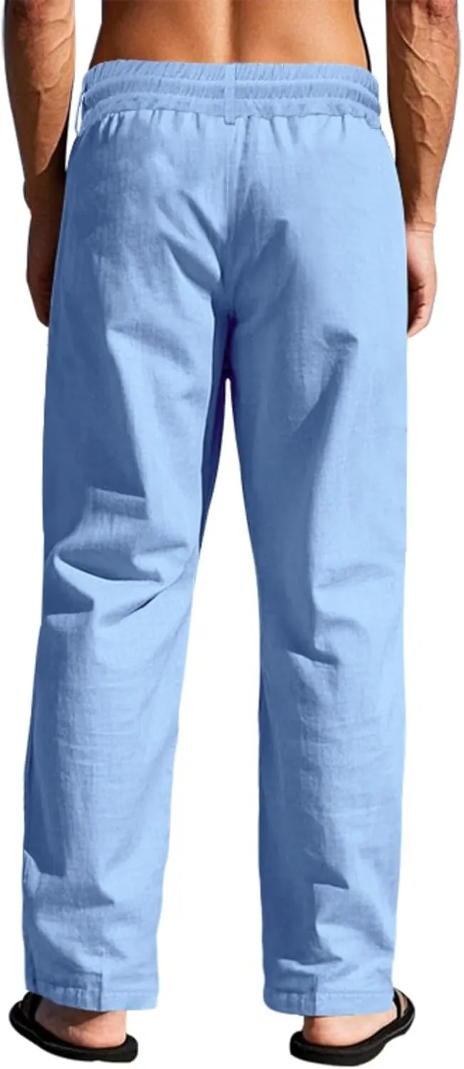 Cambkatl Linen Pants for Men Casual Elastic Waist Drawstring Lightweight Loose Ventilate Summer Straight Beach Trousers