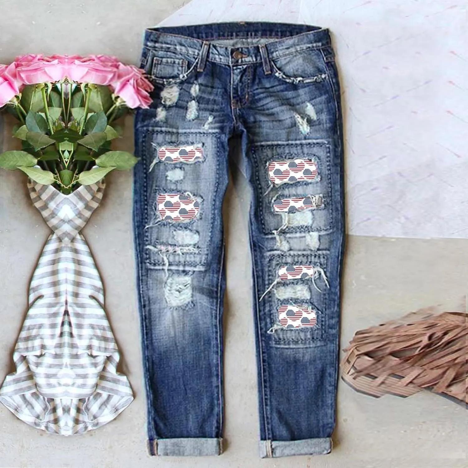 Costaric Plaid Patch Ripped Jean for Women Skinny Distressed Denim Pants Vintage Mid Waisted Trendy Jean Pants