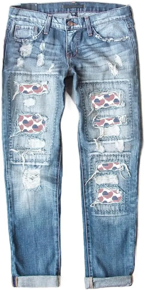 Costaric Plaid Patch Ripped Jean for Women Skinny Distressed Denim Pants Vintage Mid Waisted Trendy Jean Pants