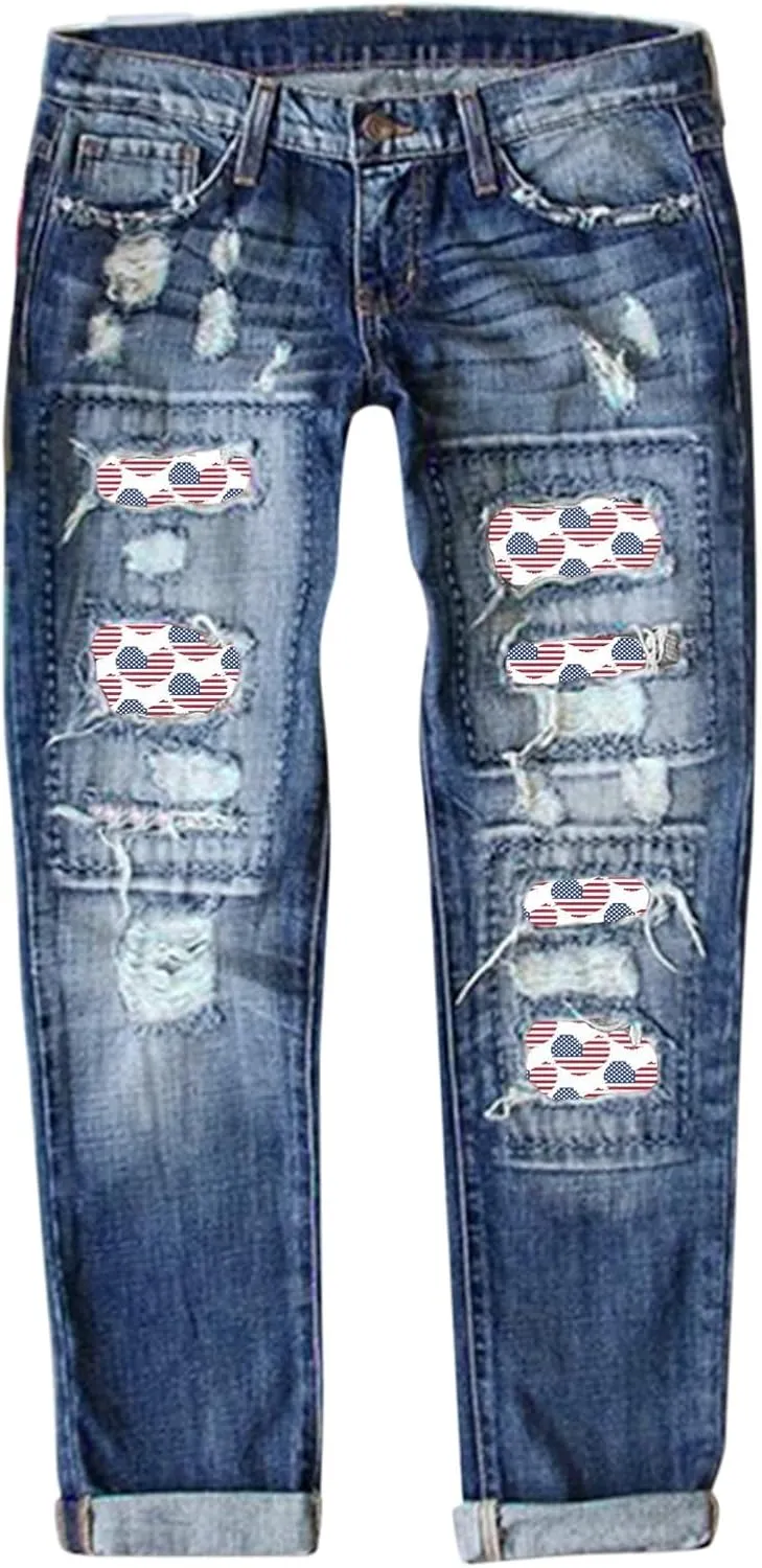Costaric Plaid Patch Ripped Jean for Women Skinny Distressed Denim Pants Vintage Mid Waisted Trendy Jean Pants