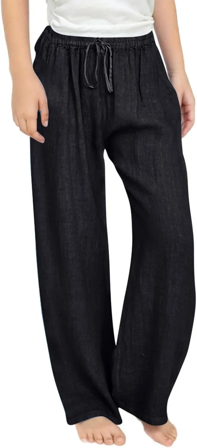 Cotton Linen Pants for Girls Summer Lightweight Wide Leg Flowy Trousers 2025 Fashion Drawstring Elastic Waist Slacks