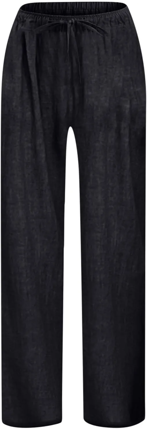 Cotton Linen Pants for Girls Summer Lightweight Wide Leg Flowy Trousers 2025 Fashion Drawstring Elastic Waist Slacks