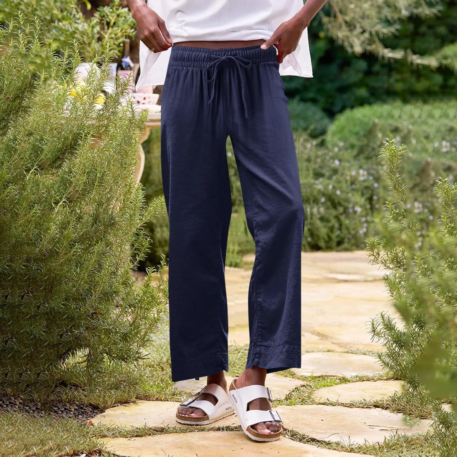 Cropped Wide Leg Linen Pants Women Summer Comfy Baggy High Waisted Casaul Flowy Beach Pants Trousers with Pockets