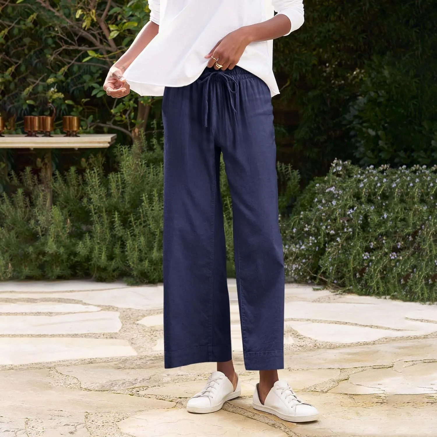 Cropped Wide Leg Linen Pants Women Summer Comfy Baggy High Waisted Casaul Flowy Beach Pants Trousers with Pockets