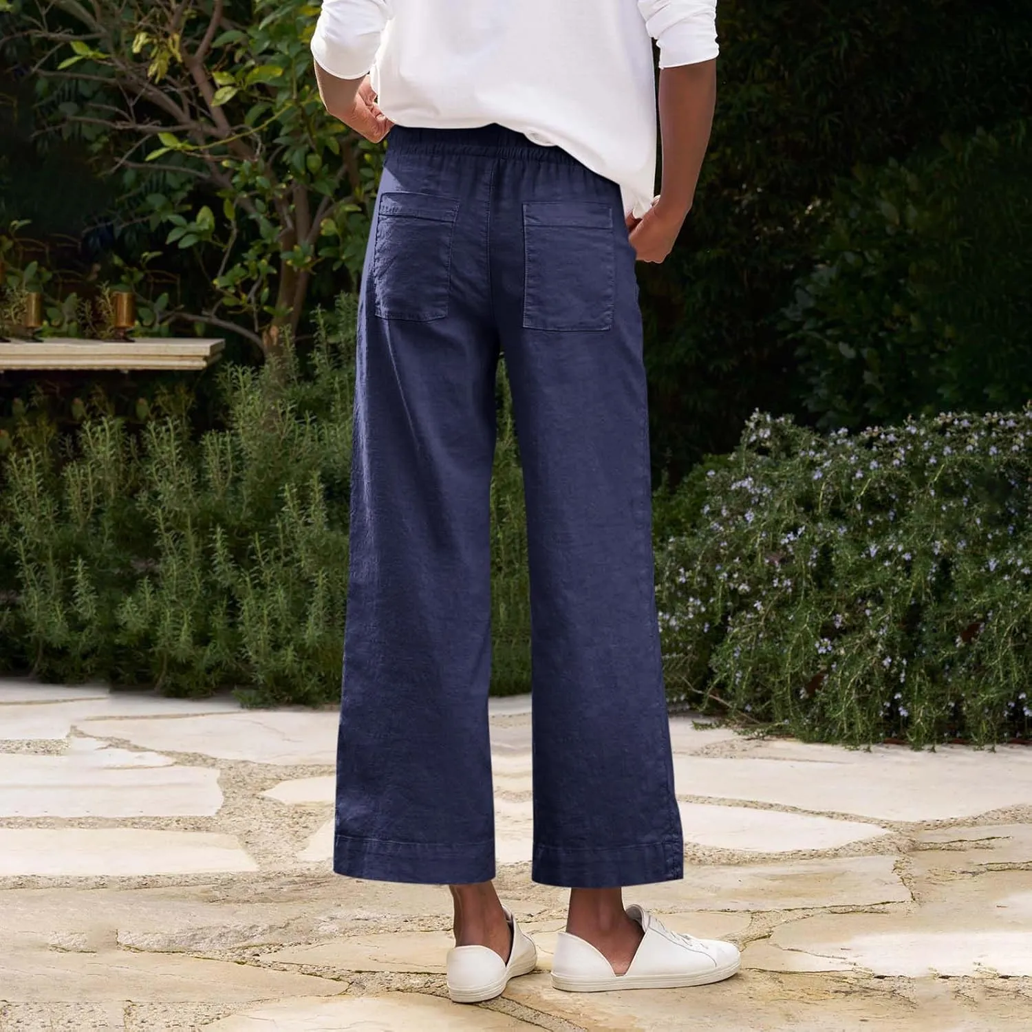Cropped Wide Leg Linen Pants Women Summer Comfy Baggy High Waisted Casaul Flowy Beach Pants Trousers with Pockets