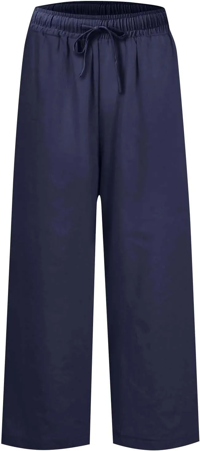 Cropped Wide Leg Linen Pants Women Summer Comfy Baggy High Waisted Casaul Flowy Beach Pants Trousers with Pockets