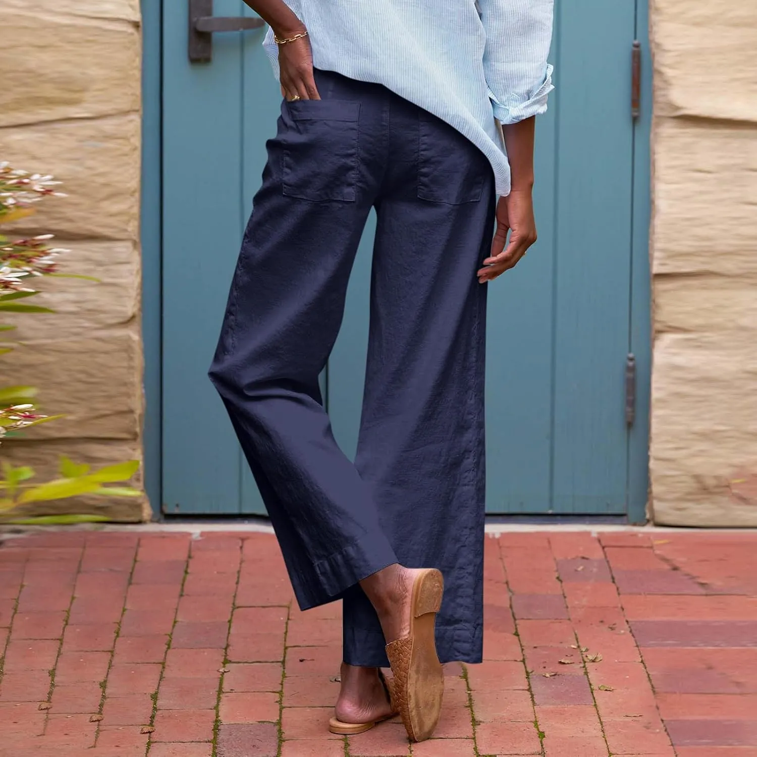 Cropped Wide Leg Linen Pants Women Summer Comfy Baggy High Waisted Casaul Flowy Beach Pants Trousers with Pockets