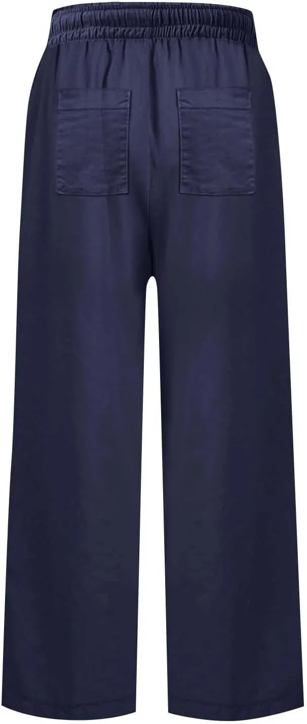 Cropped Wide Leg Linen Pants Women Summer Comfy Baggy High Waisted Casaul Flowy Beach Pants Trousers with Pockets