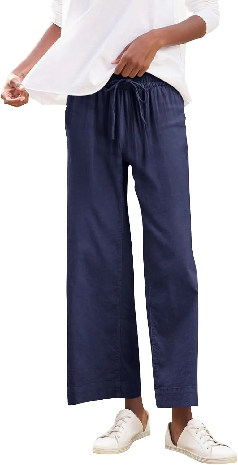 Cropped Wide Leg Linen Pants Women Summer Comfy Baggy High Waisted Casaul Flowy Beach Pants Trousers with Pockets