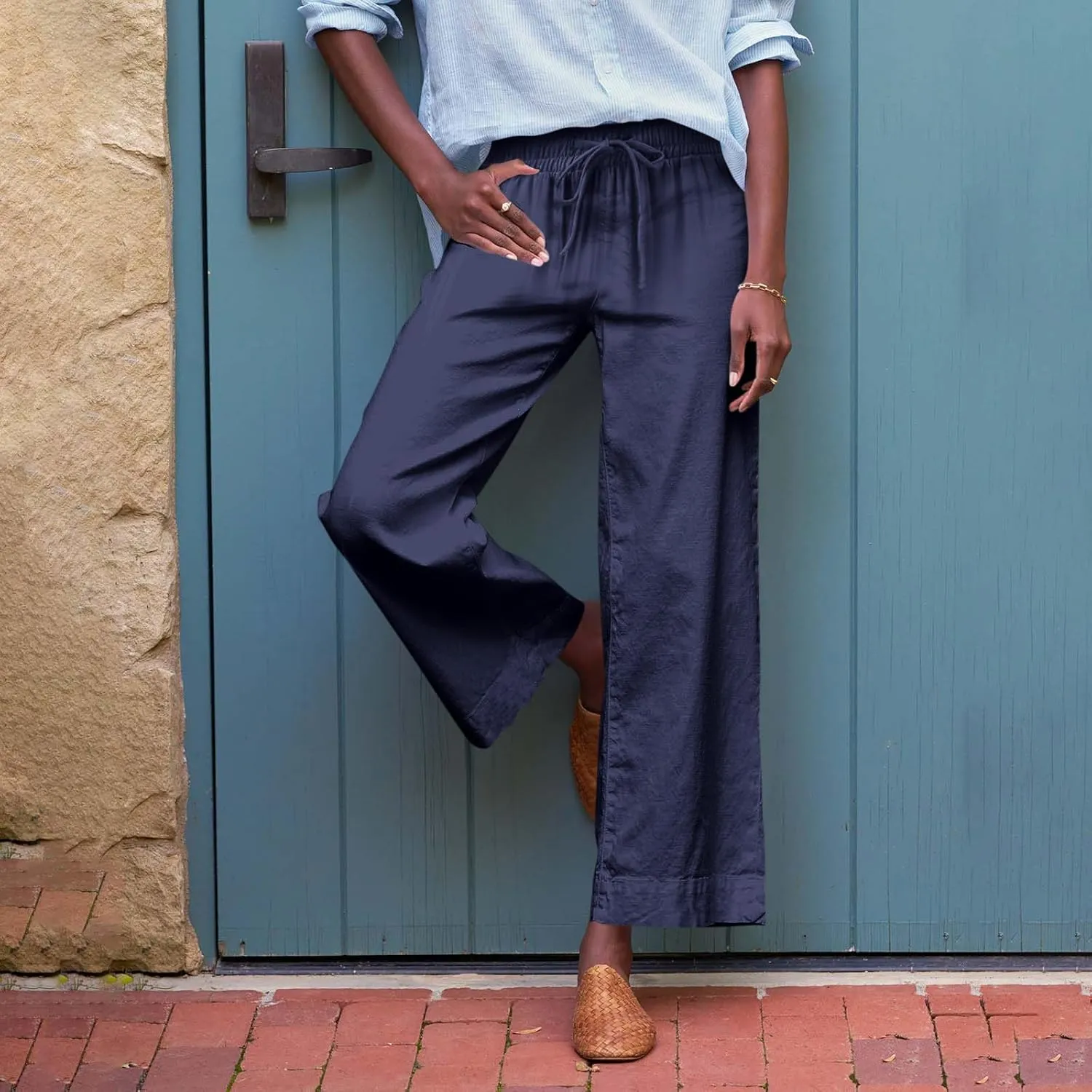 Cropped Wide Leg Linen Pants Women Summer Comfy Baggy High Waisted Casaul Flowy Beach Pants Trousers with Pockets