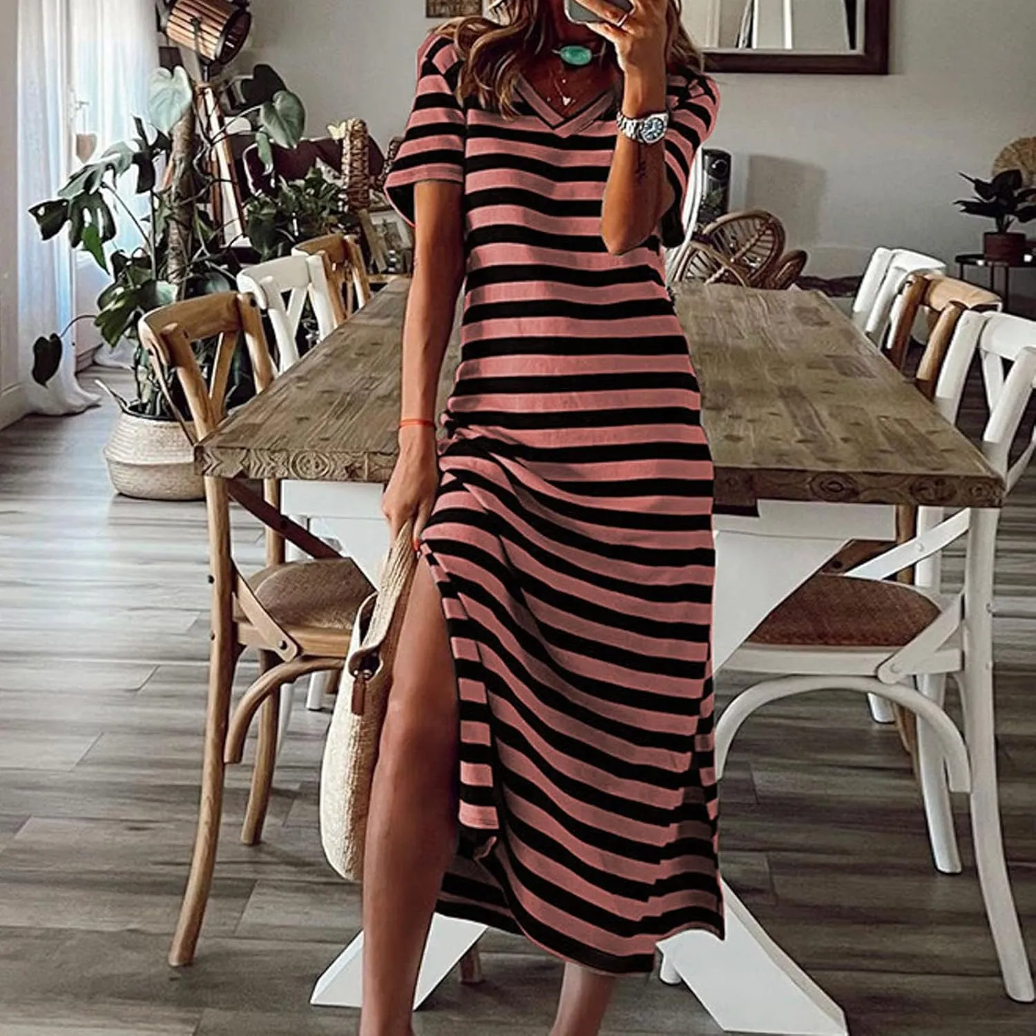 Dresses for Women 2024 Casual Color Block Striped Long Dress Loose V Neck Split Short Sleeve Maxi Dress Summer Dress