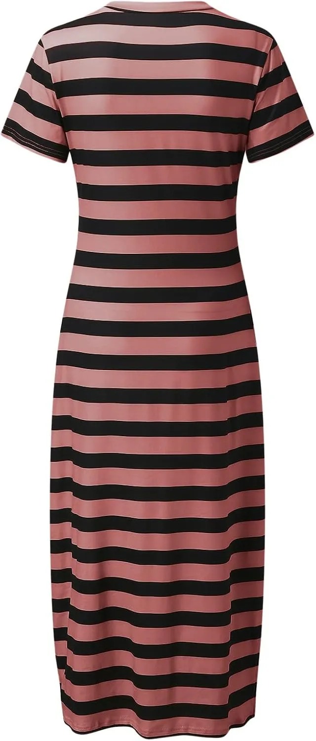 Dresses for Women 2024 Casual Color Block Striped Long Dress Loose V Neck Split Short Sleeve Maxi Dress Summer Dress