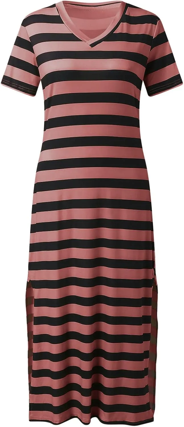 Dresses for Women 2024 Casual Color Block Striped Long Dress Loose V Neck Split Short Sleeve Maxi Dress Summer Dress