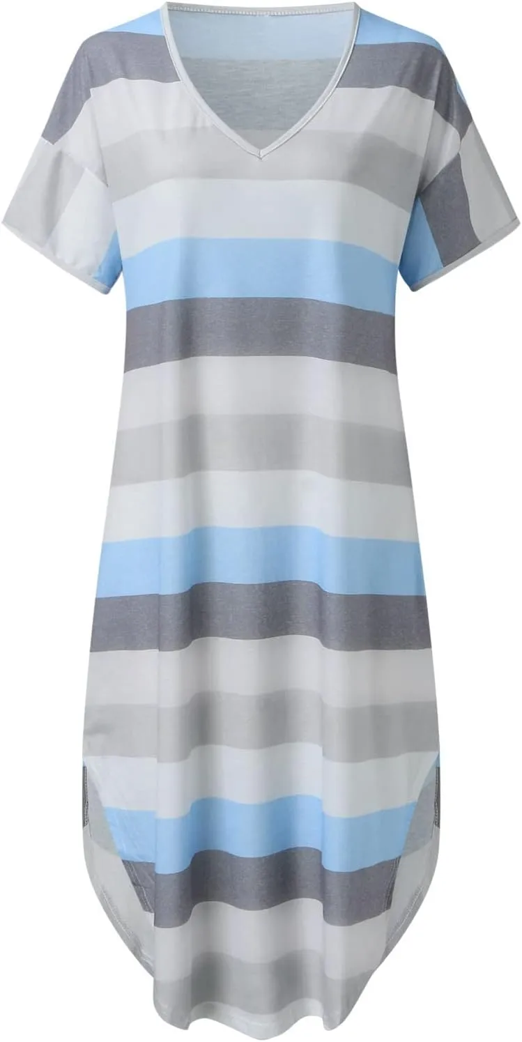 Dresses for Women 2024 Casual Loose V Neck Short Sleeve Midi Dress Striped Color Block Maternity Dress Summer Dress