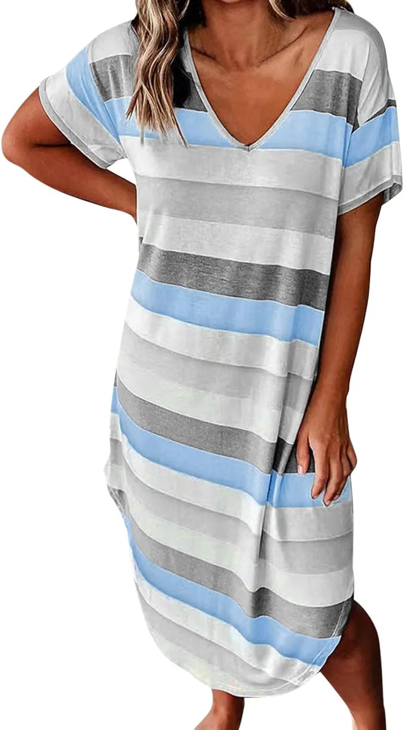 Dresses for Women 2024 Casual Loose V Neck Short Sleeve Midi Dress Striped Color Block Maternity Dress Summer Dress