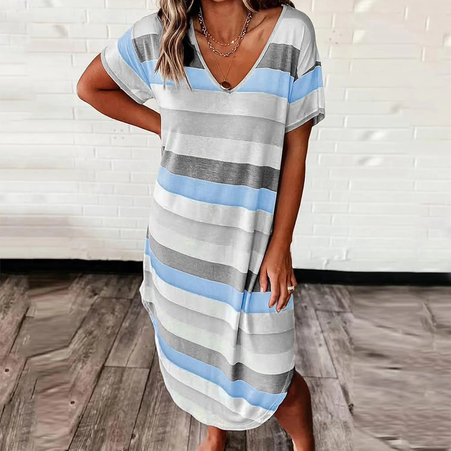 Dresses for Women 2024 Casual Loose V Neck Short Sleeve Midi Dress Striped Color Block Maternity Dress Summer Dress