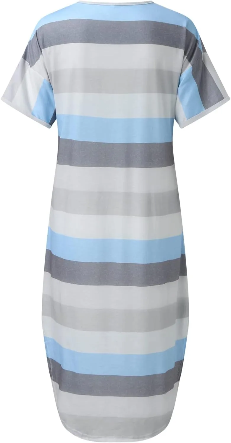 Dresses for Women 2024 Casual Loose V Neck Short Sleeve Midi Dress Striped Color Block Maternity Dress Summer Dress