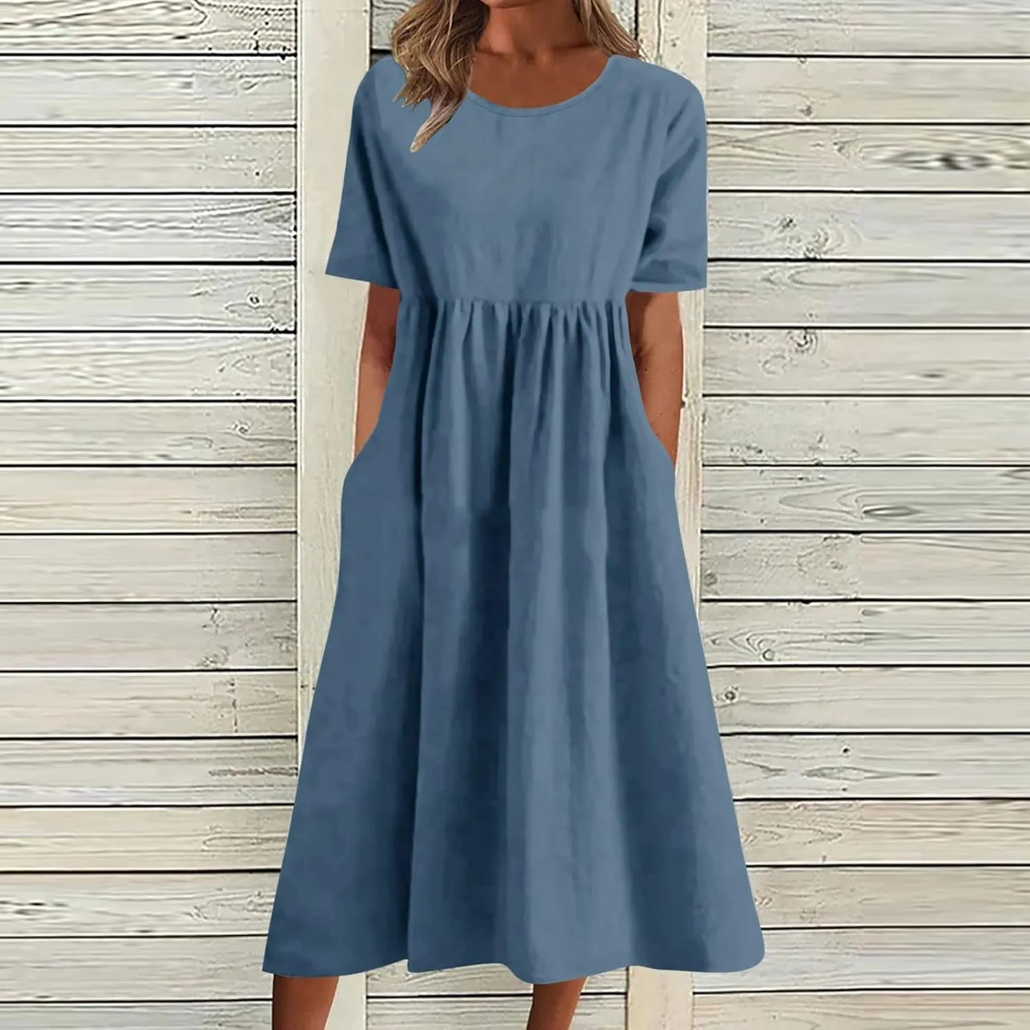 Dresses for Women 2024 Casual Solid Crewneck Short Sleeve Midi Dress Ruched Empire Waist Maxi Dress Summer Dresses