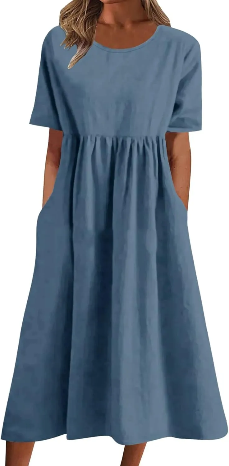 Dresses for Women 2024 Casual Solid Crewneck Short Sleeve Midi Dress Ruched Empire Waist Maxi Dress Summer Dresses