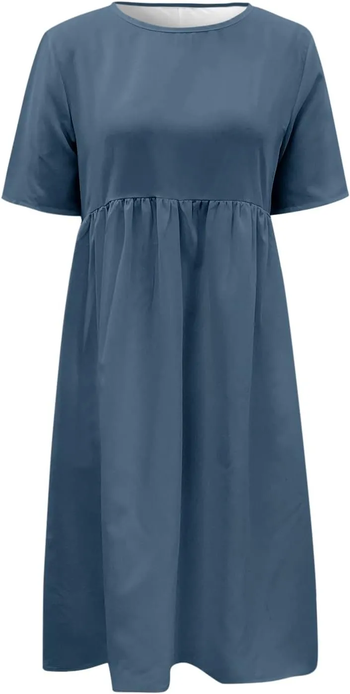 Dresses for Women 2024 Casual Solid Crewneck Short Sleeve Midi Dress Ruched Empire Waist Maxi Dress Summer Dresses