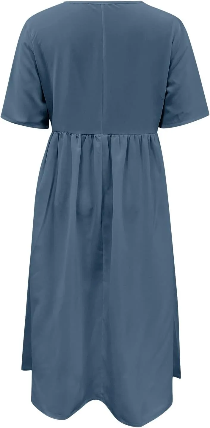 Dresses for Women 2024 Casual Solid Crewneck Short Sleeve Midi Dress Ruched Empire Waist Maxi Dress Summer Dresses