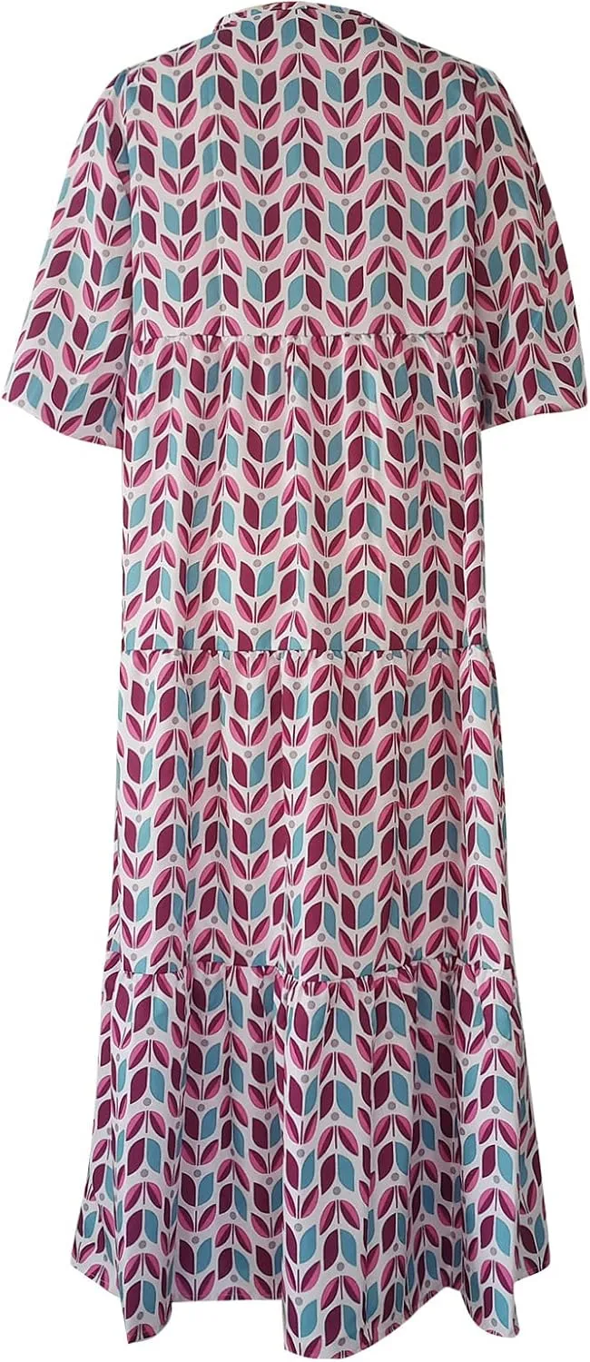 Easter Dresses for Women Geometric Print Neckline Lace-up Middle-Sleeves Dresses Casual Elegant Dress