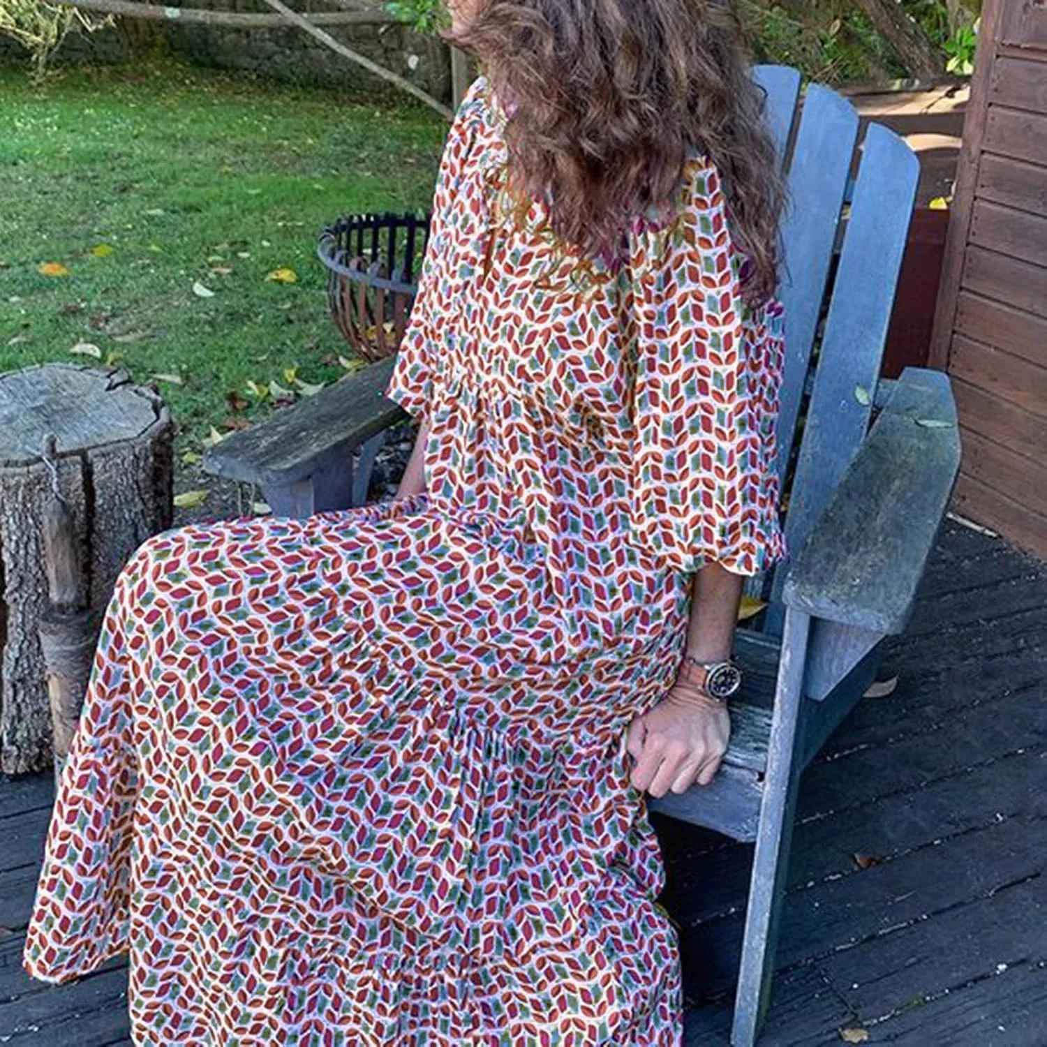 Easter Dresses for Women Geometric Print Neckline Lace-up Middle-Sleeves Dresses Casual Elegant Dress
