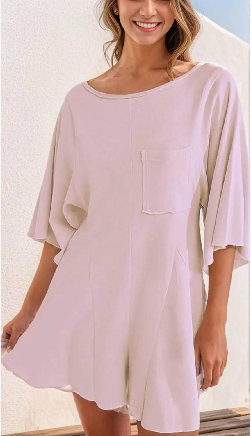 Esmeling Womens Loose Romper Dress Casual 3/4 Sleeve Jumpsuits Onesie Shorts Rompers with Pocket
