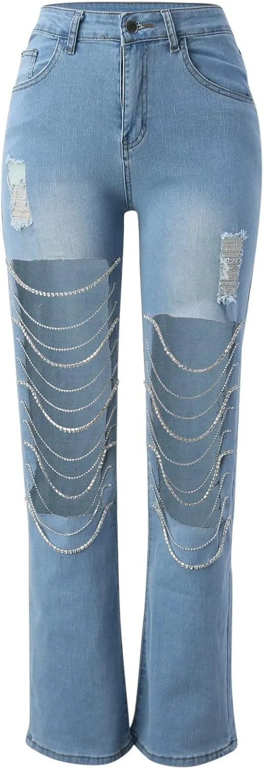 Fashion Rhinestone Chains Ripped Holes Denim Pencil Trousers for Women Stretchy Mid Rise Straight Wide Leg Jeans Pants