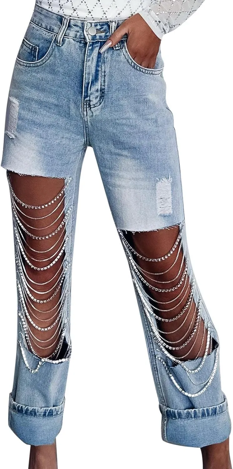 Fashion Rhinestone Chains Ripped Holes Denim Pencil Trousers for Women Stretchy Mid Rise Straight Wide Leg Jeans Pants