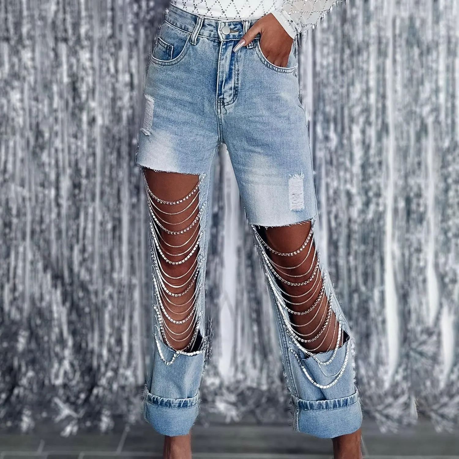 Fashion Rhinestone Chains Ripped Holes Denim Pencil Trousers for Women Stretchy Mid Rise Straight Wide Leg Jeans Pants