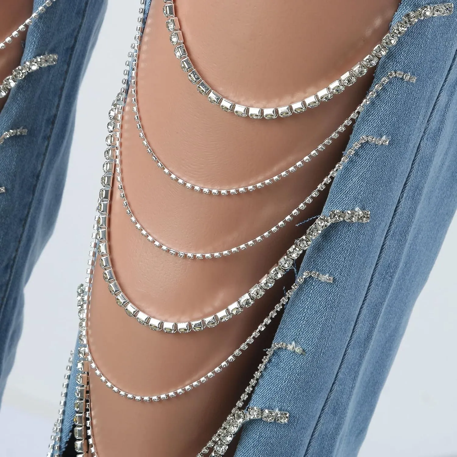 Fashion Rhinestone Chains Ripped Holes Denim Pencil Trousers for Women Stretchy Mid Rise Straight Wide Leg Jeans Pants
