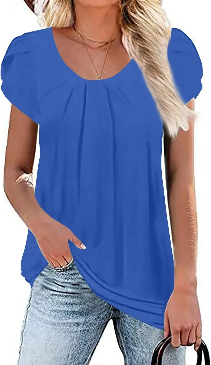 FlekmanArt Blouses for Women Fashion 2025 Summer Round Neck Petal Sleeve Breathable Tops Floral Printing Hide Belly T Shirts