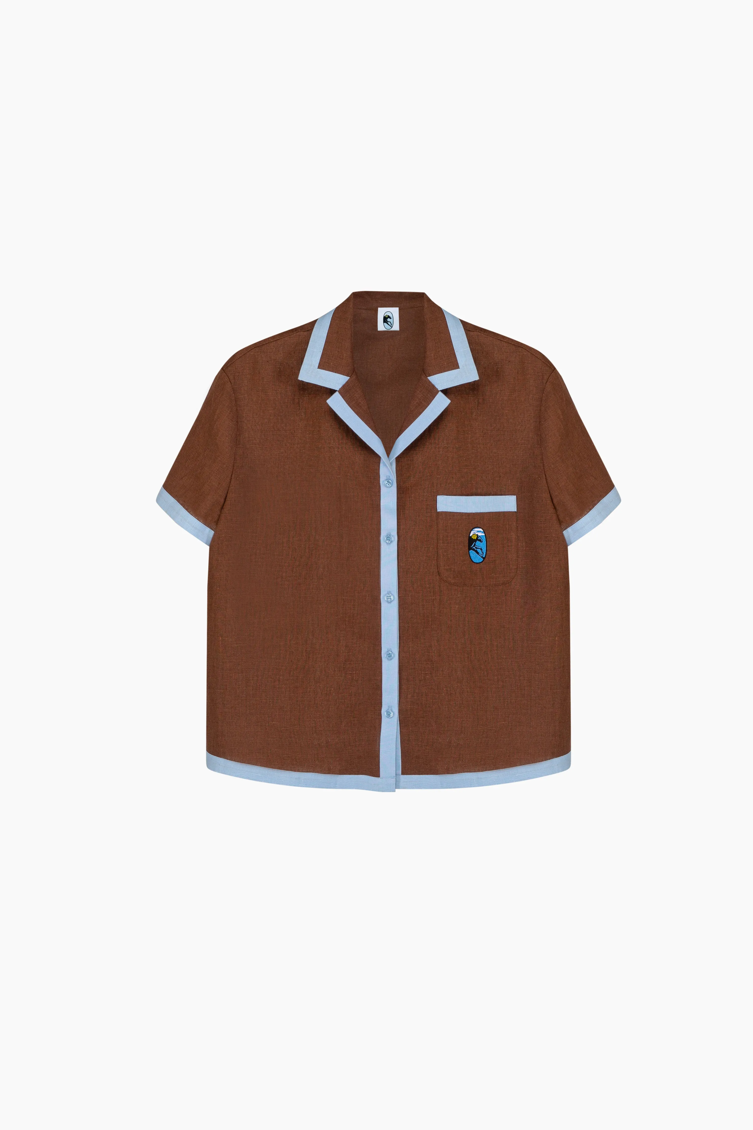 Garrick Embroidered Linen Short Sleeved Shirt in Brown