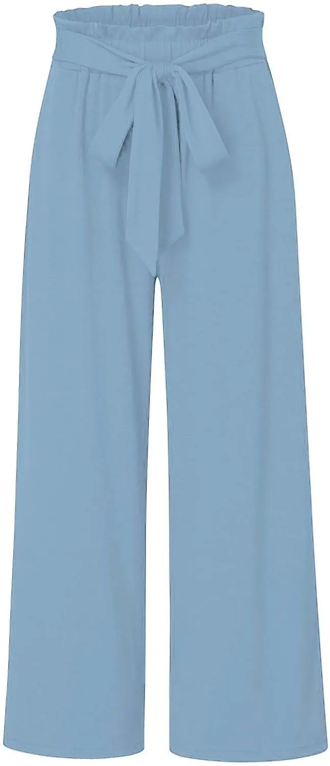 Girls Linen Wide Leg Pants Summer Loose Comfy Flowy Lounge Trousers Kids Solid Lightweight Belted Pants with Pockets