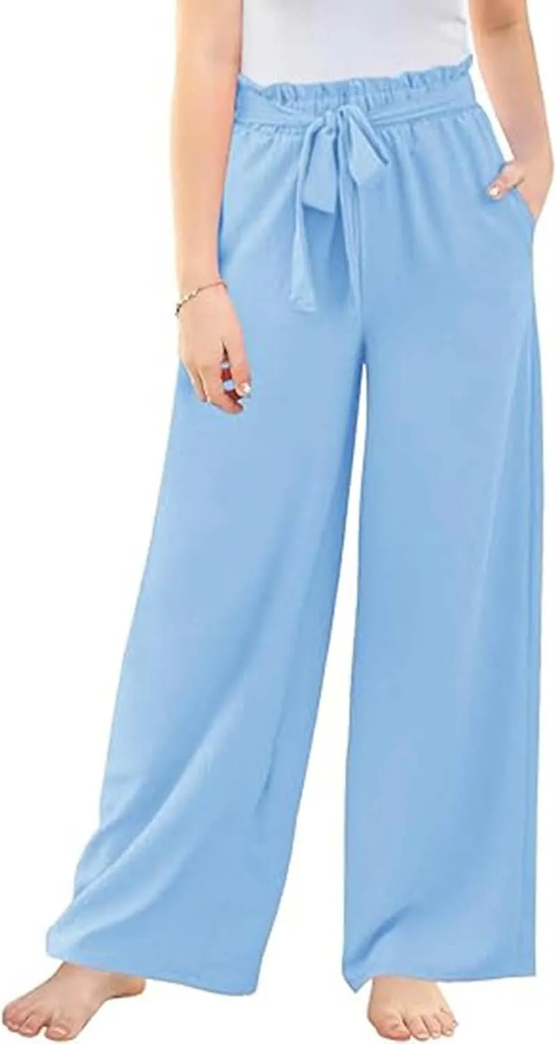 Girls Linen Wide Leg Pants Summer Loose Comfy Flowy Lounge Trousers Kids Solid Lightweight Belted Pants with Pockets