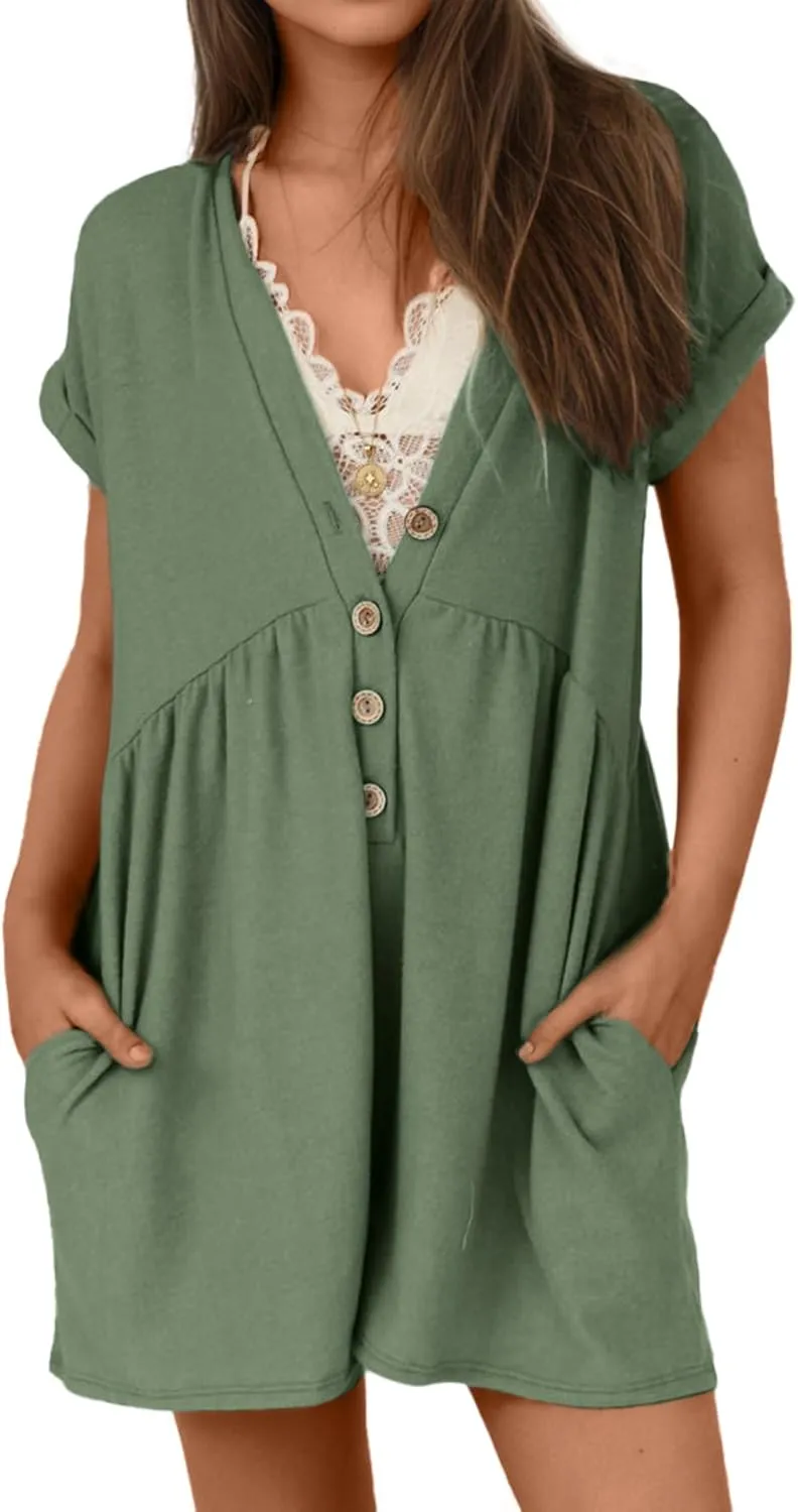 Glamaker Women's Summer Short Sleeve Romper Casual V Neck Wide Leg Short Jumpsuit Button Beach Rompers Outfit With Pockets
